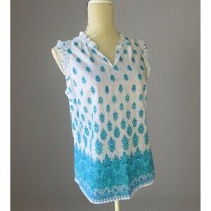 Talbots Womens Petite M Lightweight 100% Cotton White Turquoise Floral Paisley